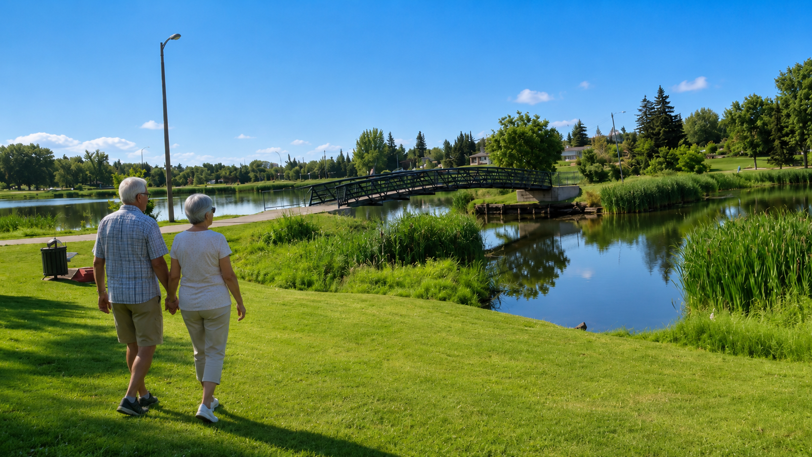 Two older adults walking hand in hand on a grassy lakeside path beside a bridge under a clear blue sky.