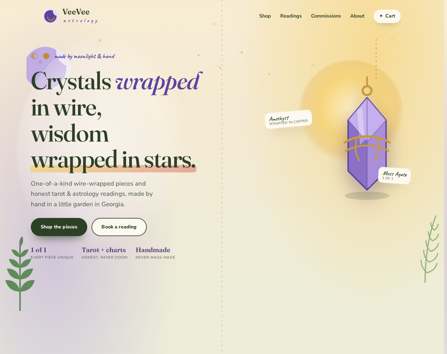 The first rejected homepage draft: flat cartoon crystals and doodles on pale pastel, reads like a children's book.