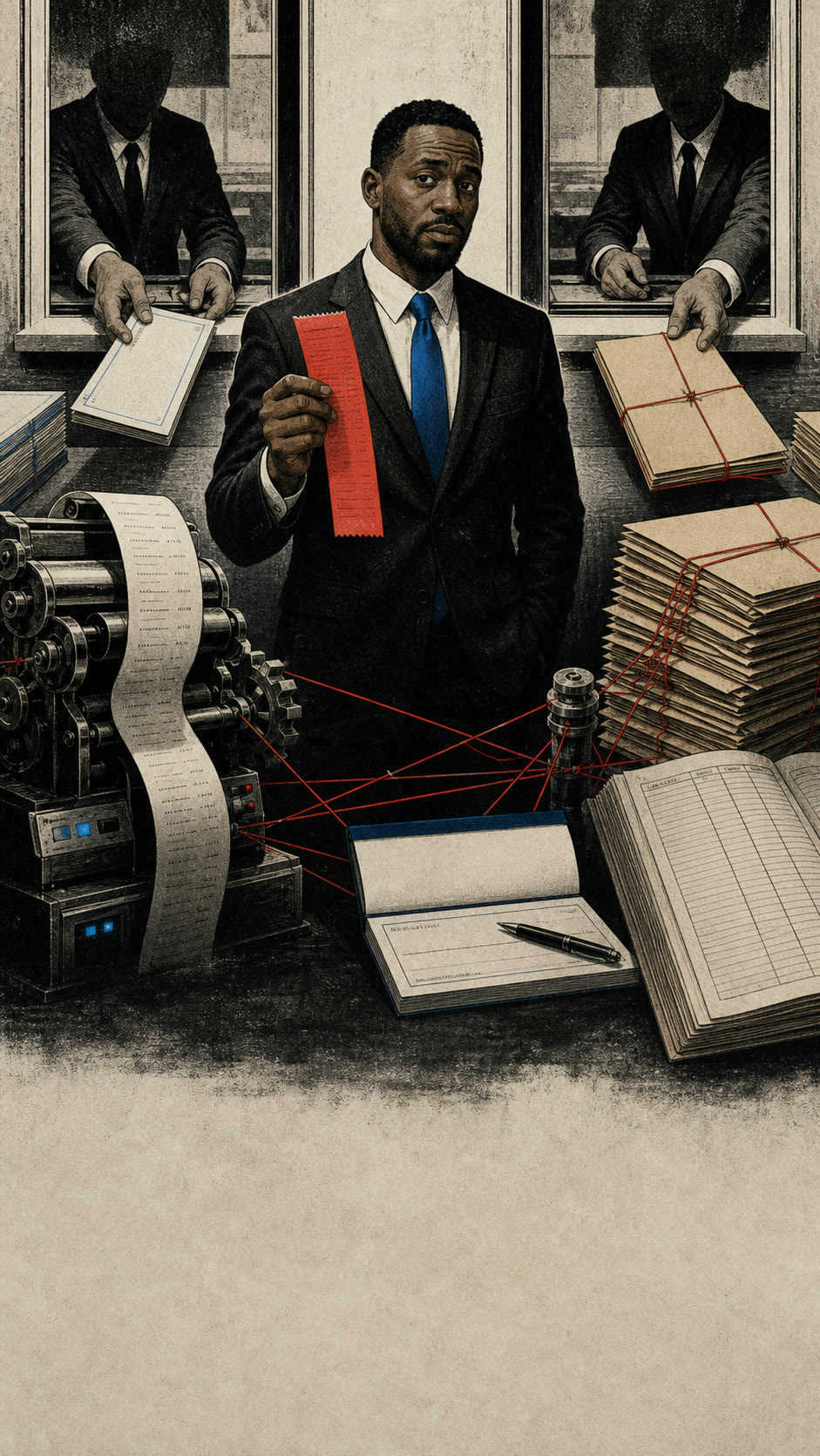 Illustrated Burn the Playbook observer standing over a White House payout machine and a glowing claims ledger