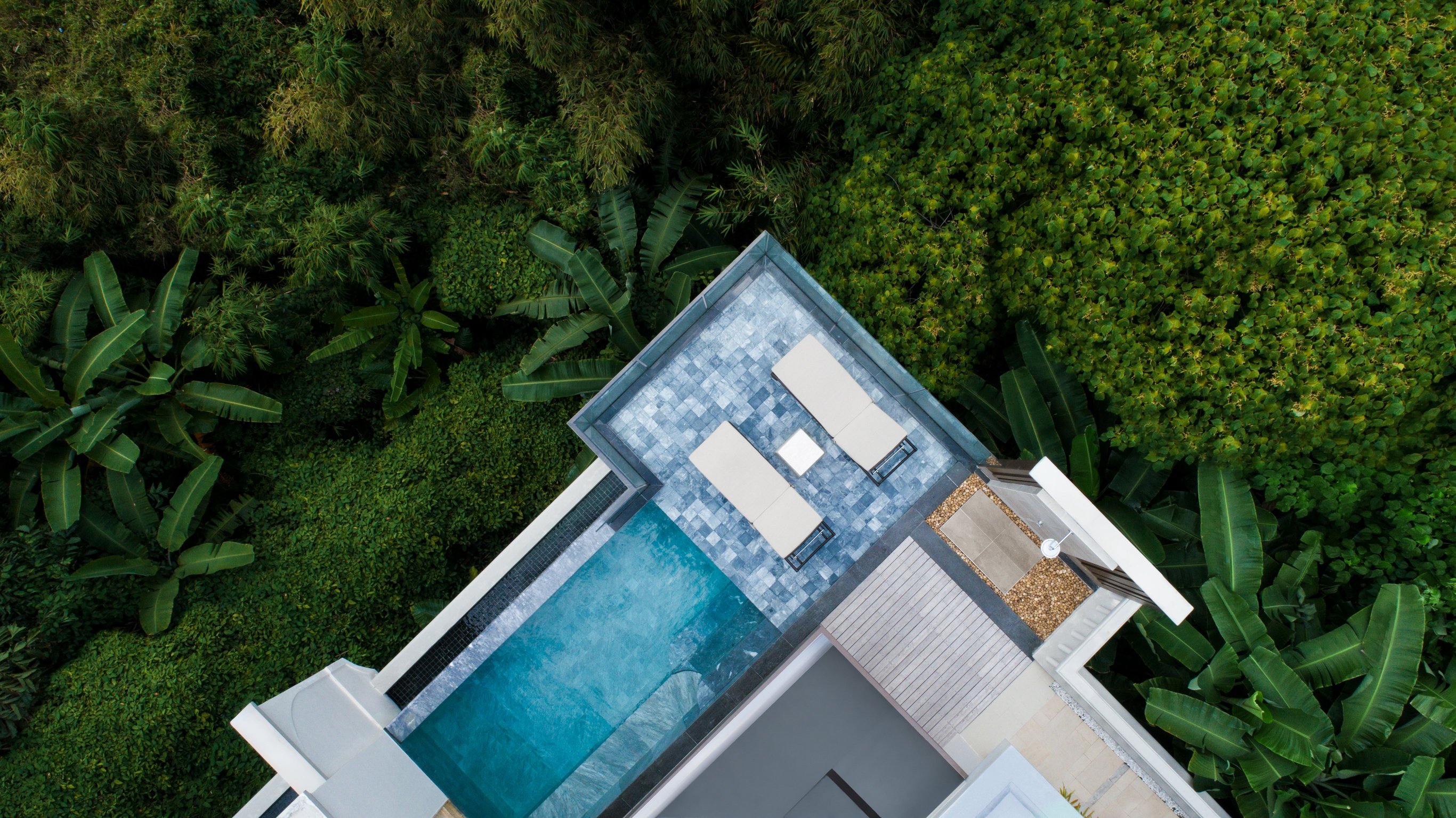 Aerial view of a private infinity pool surrounded by greenery at Trisara Phuket