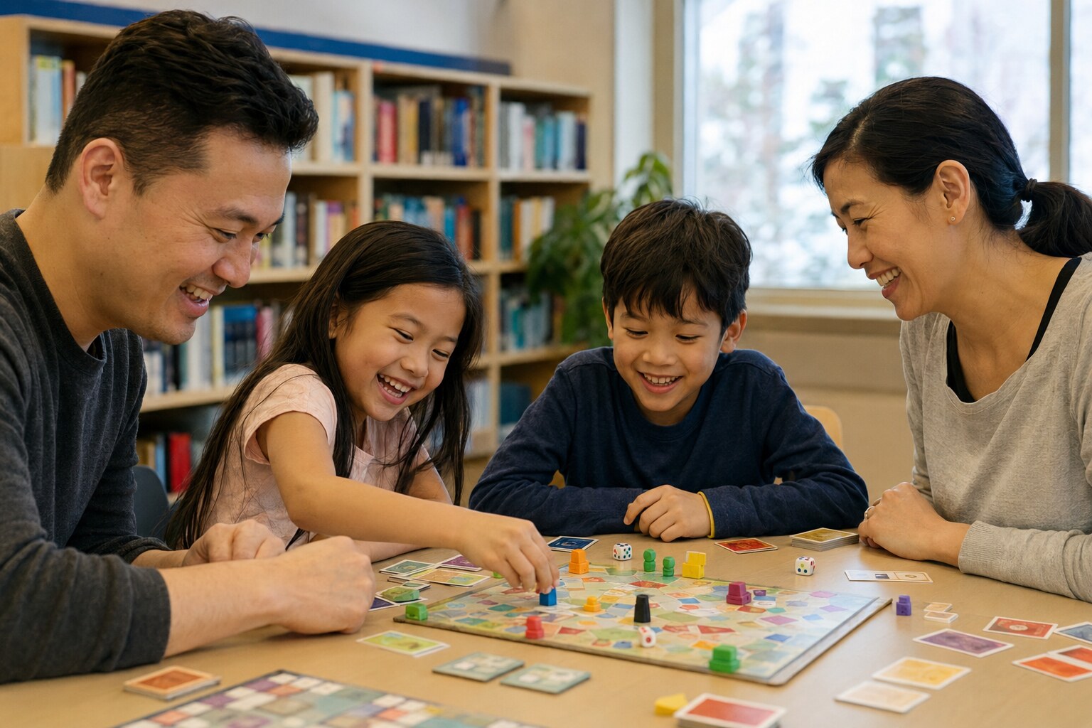Parents and children laughing together while playing a colourful board game at a library table
