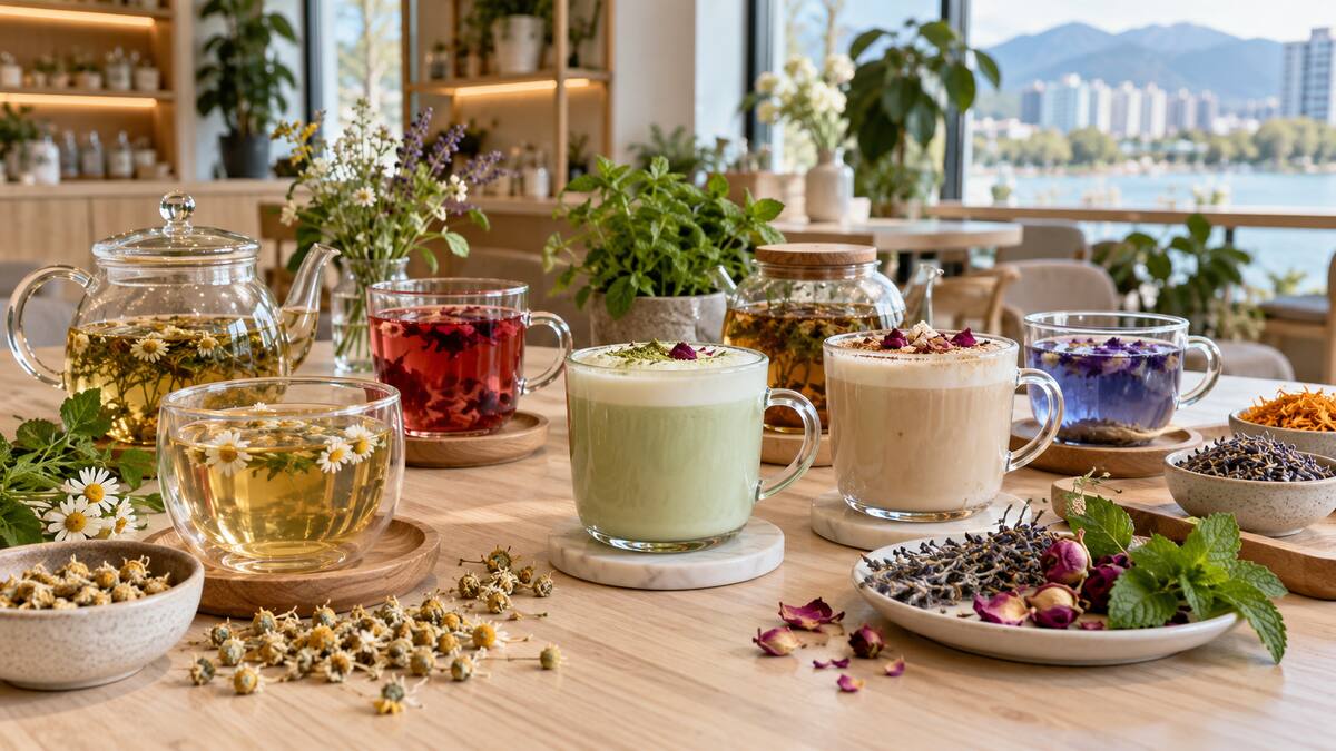 Herbal teas and creamy plant milk drinks served in a modern Richmond tea shop