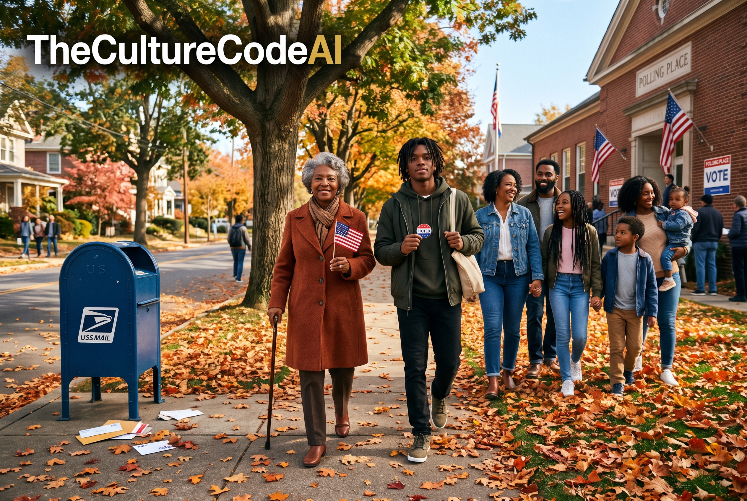 The Culture Code AI | Black community marching to vote past a classic mailbox, honoring Philip Downing