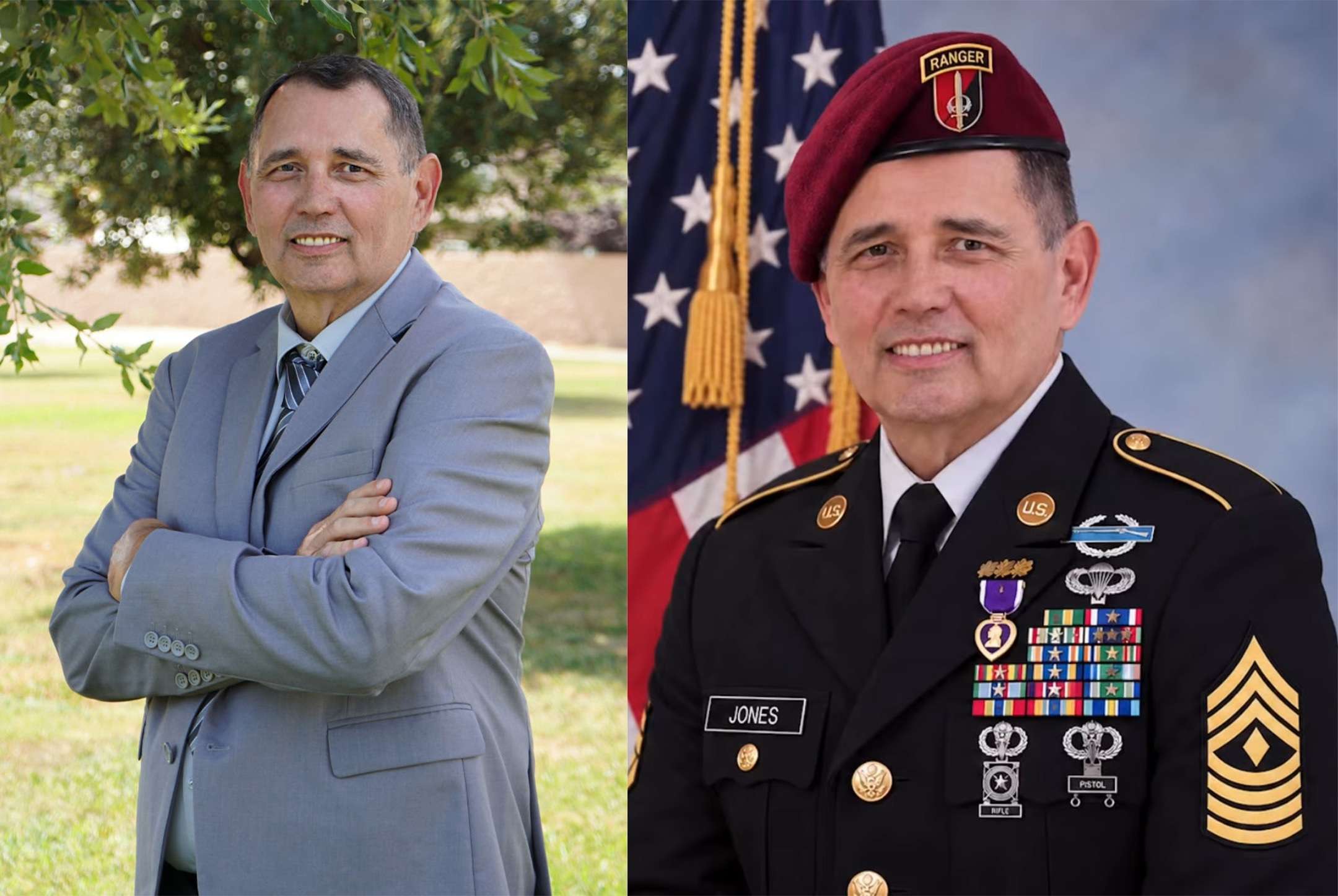 Patric Jones campaign portrait beside the AI-made version from his video