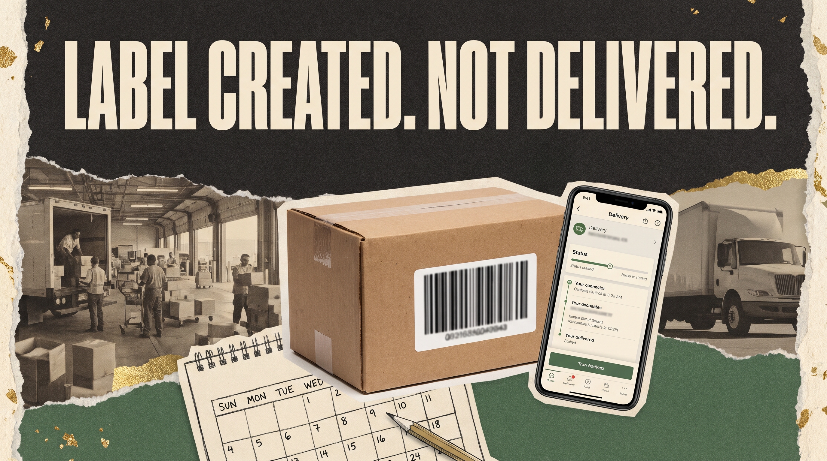 Illustrative documentary collage: Small unbranded shipping box with unscannable barcode beside phone, faded 1990s parcel depot loading bay and delivery truck silhouette, calendar and pencil in foreground.