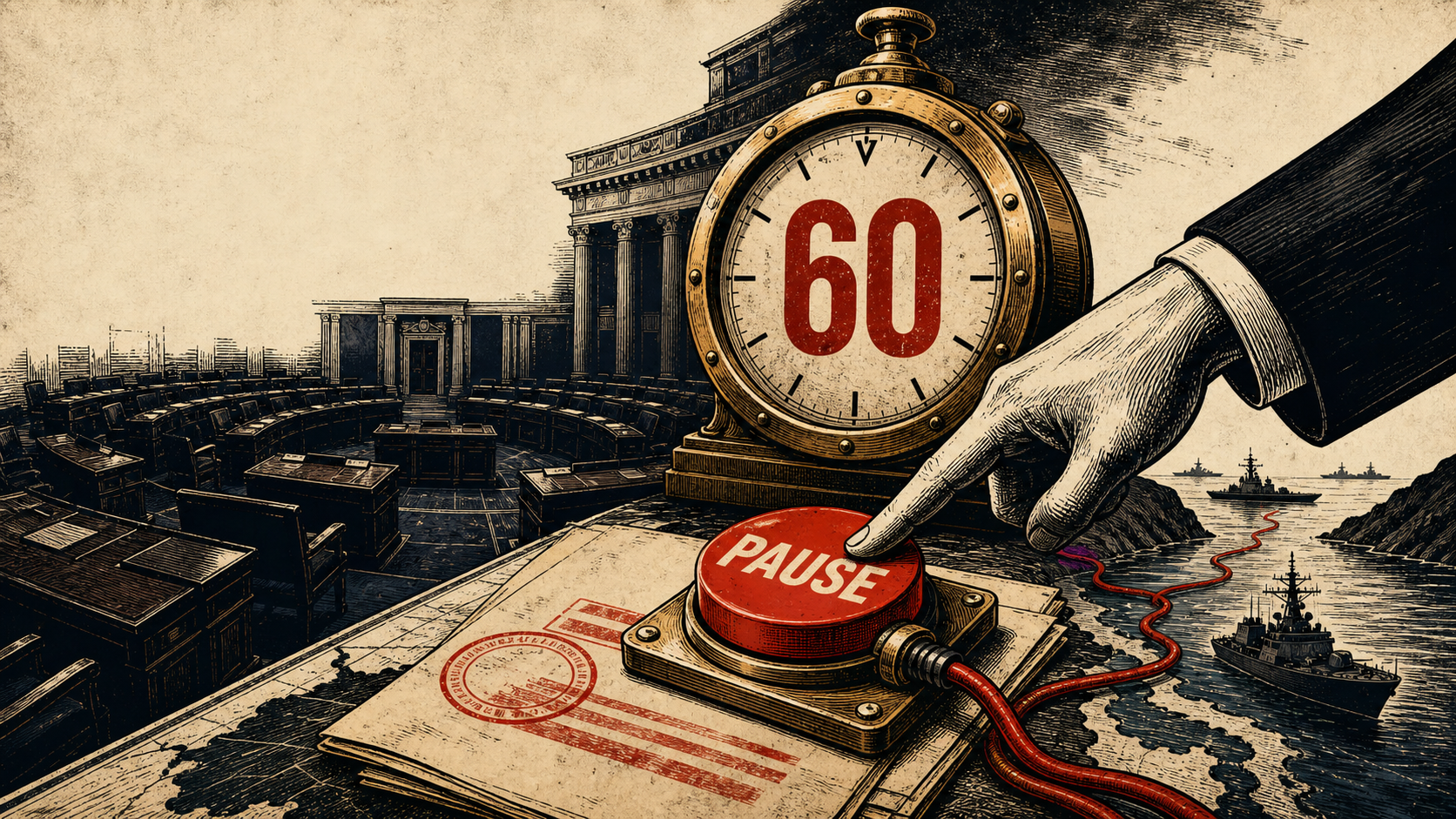 A giant brass war clock marked 60 sits in a Senate chamber while a hand presses a red pause button wired to warships.