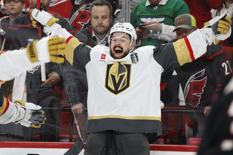 Tomas Hertl celebrating go-ahead goal for Vegas Golden Knights in Stanley Cup Final Game 1 against Carolina Hurricanes
