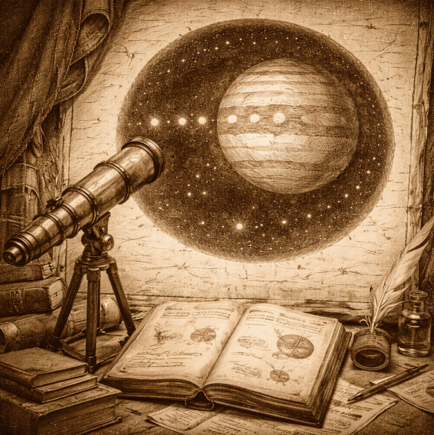 A telescope sketch of Jupiter with four small moons as dots