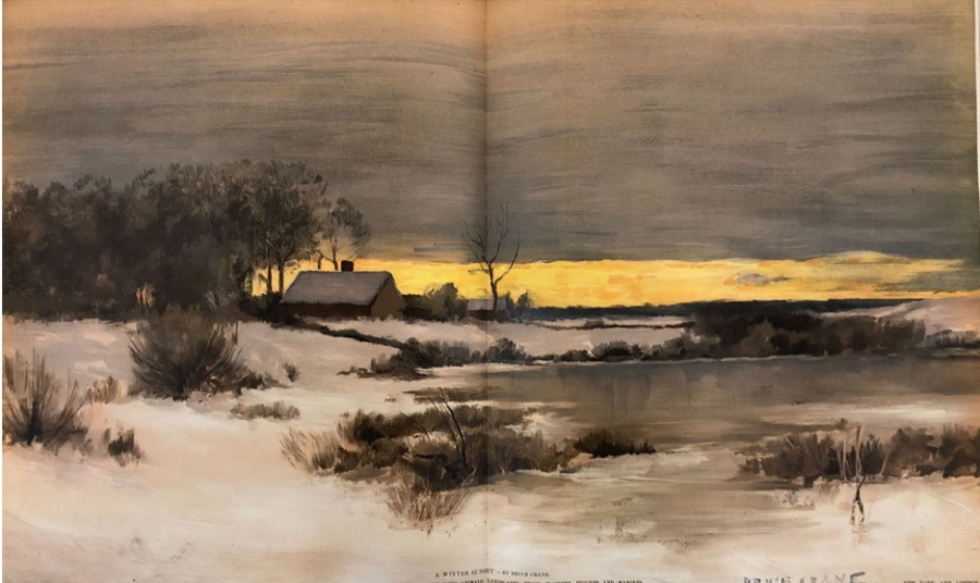 Painting of a snowy landscape with a small house and bare tree beside a frozen pond, under a gray sky with a yellow sunset band, printed across a magazine spread