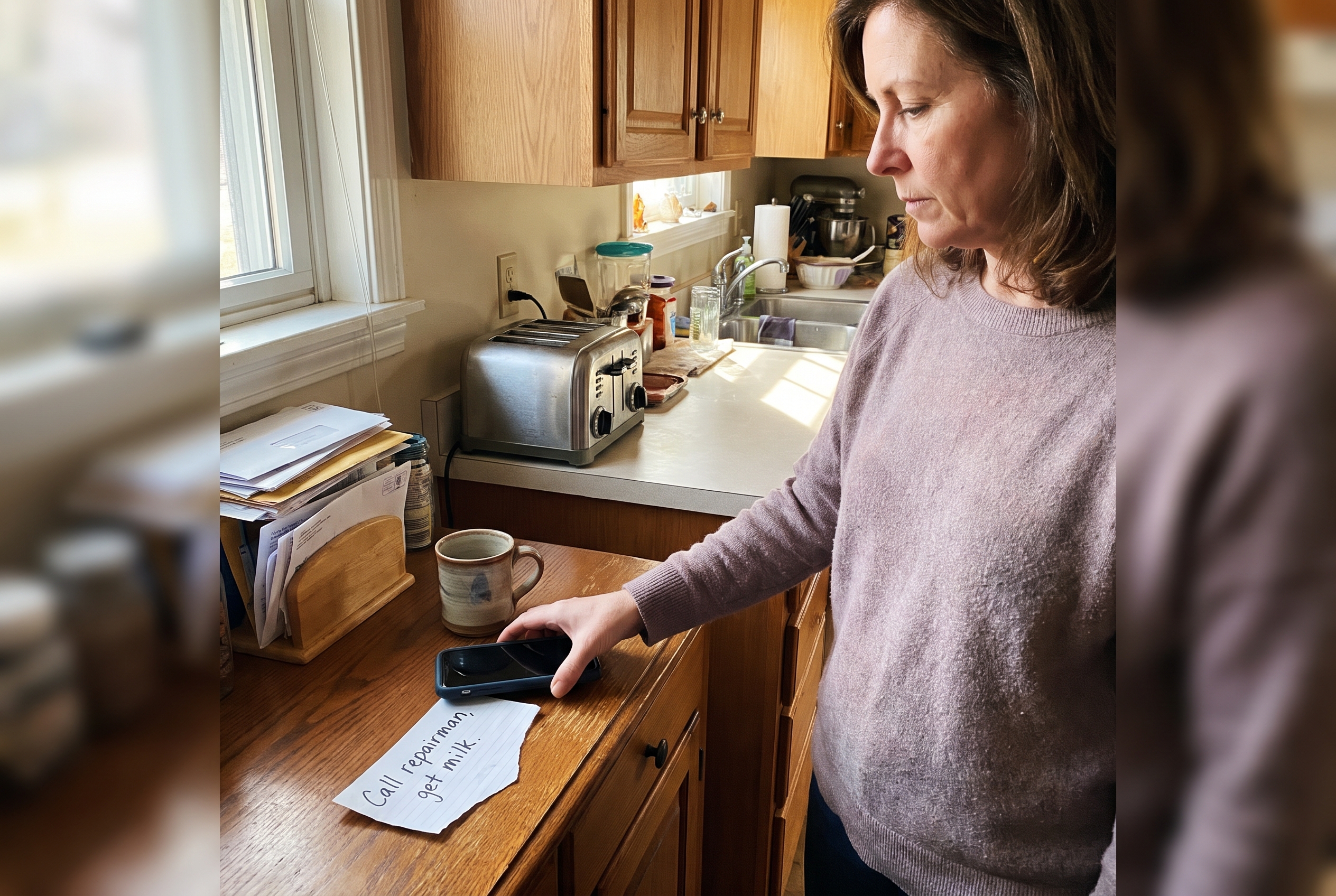Illustrative household action: Candid phone snapshot of woman in her mid fifties setting her phone face down on a kitchen sideboard, cup of tea, handwritten short reminder, comfortable ordinary lived-in home, no staged smile.