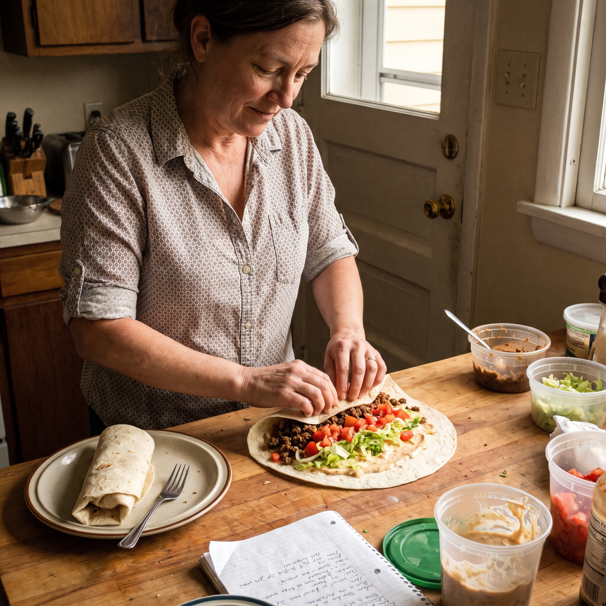 Illustrative woman preparing homemade wraps from familiar kitchen ingredients