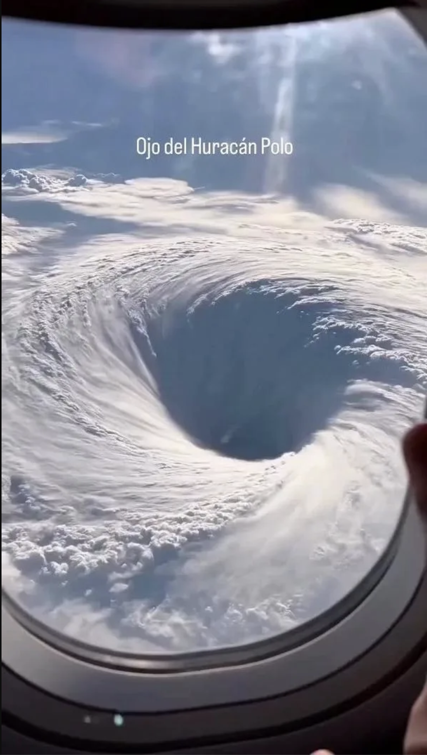 A dramatic view from inside a hurricane's eye, shared as fresh storm footage despite predating the storm itself