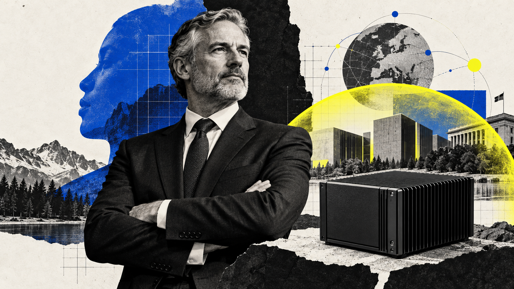 Editorial collage of an enterprise leader beside secure local AI infrastructure