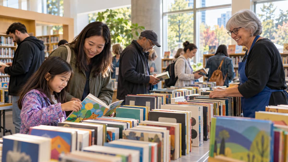 Illustration of shoppers browsing a community used-book sale at a Richmond BC library