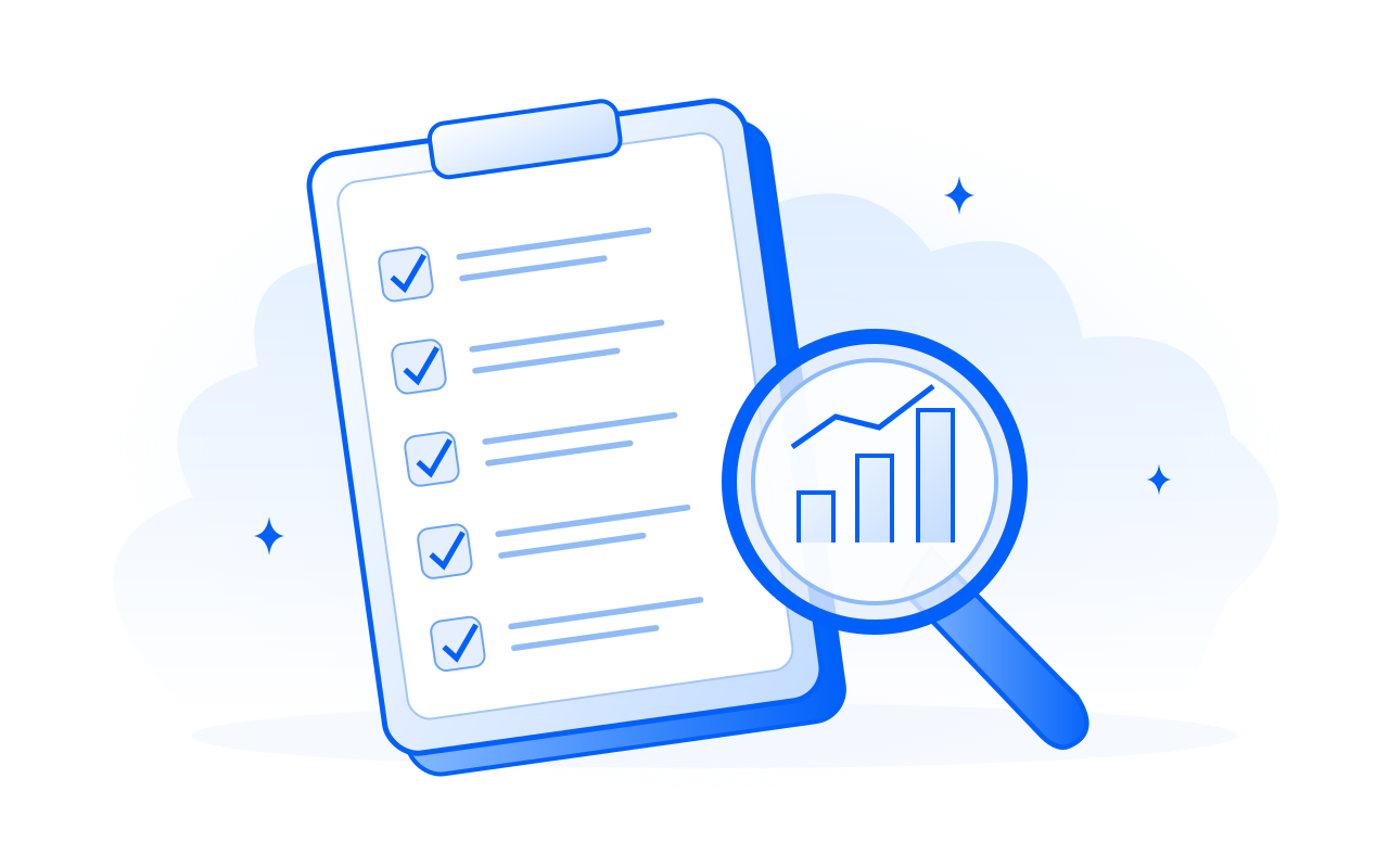 A research checklist and magnifying glass.