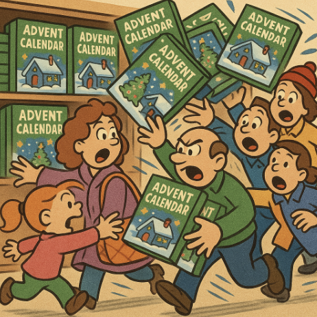 A cartoon of eager shoppers rushing a shelf filled with Advent calendars.