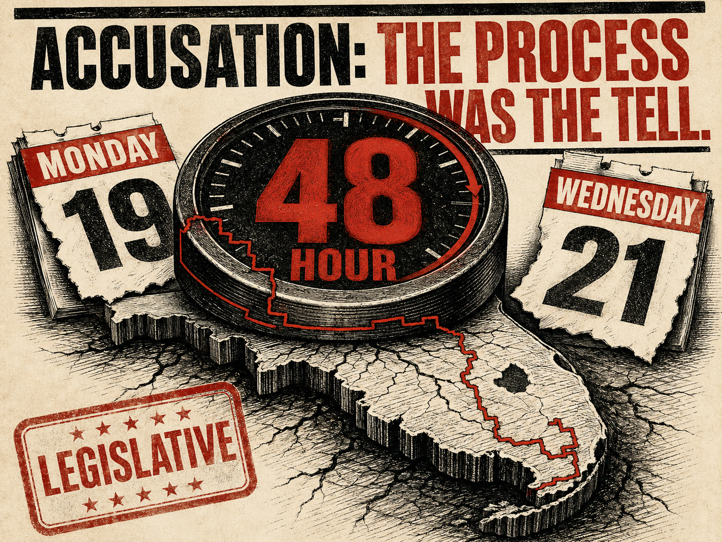 Illustration of a 48-hour clock pressing down on a Florida map