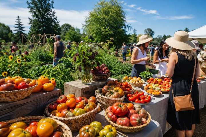 Colourful heirloom tomatoes displayed at a community farm festival in Delta BC