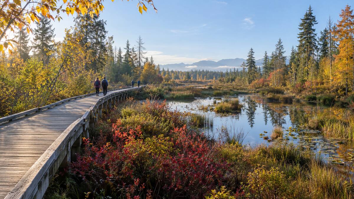 A wooden boardwalk through autumn peat bog habitat at Richmond Nature Park British Columbia