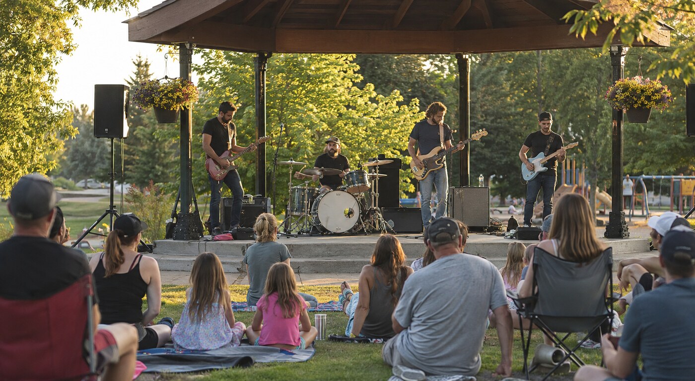 Rock band playing an outdoor evening concert in a green public park