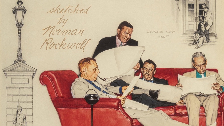 Painting of four men reading large newspapers on a red leather sofa, with a lamp post, a guard statue and cameramen sketched around the edges