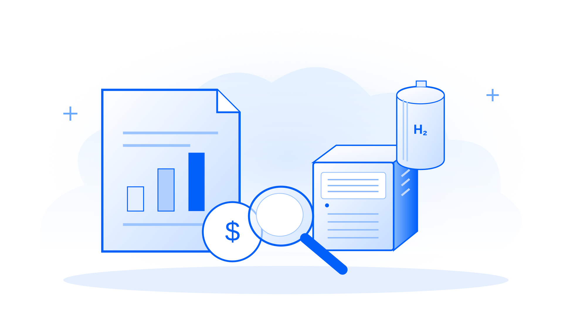 Conceptual blue-line illustration supporting FIVE TICKERS AROUND THE HYDROGEN + AI POWER STORY.