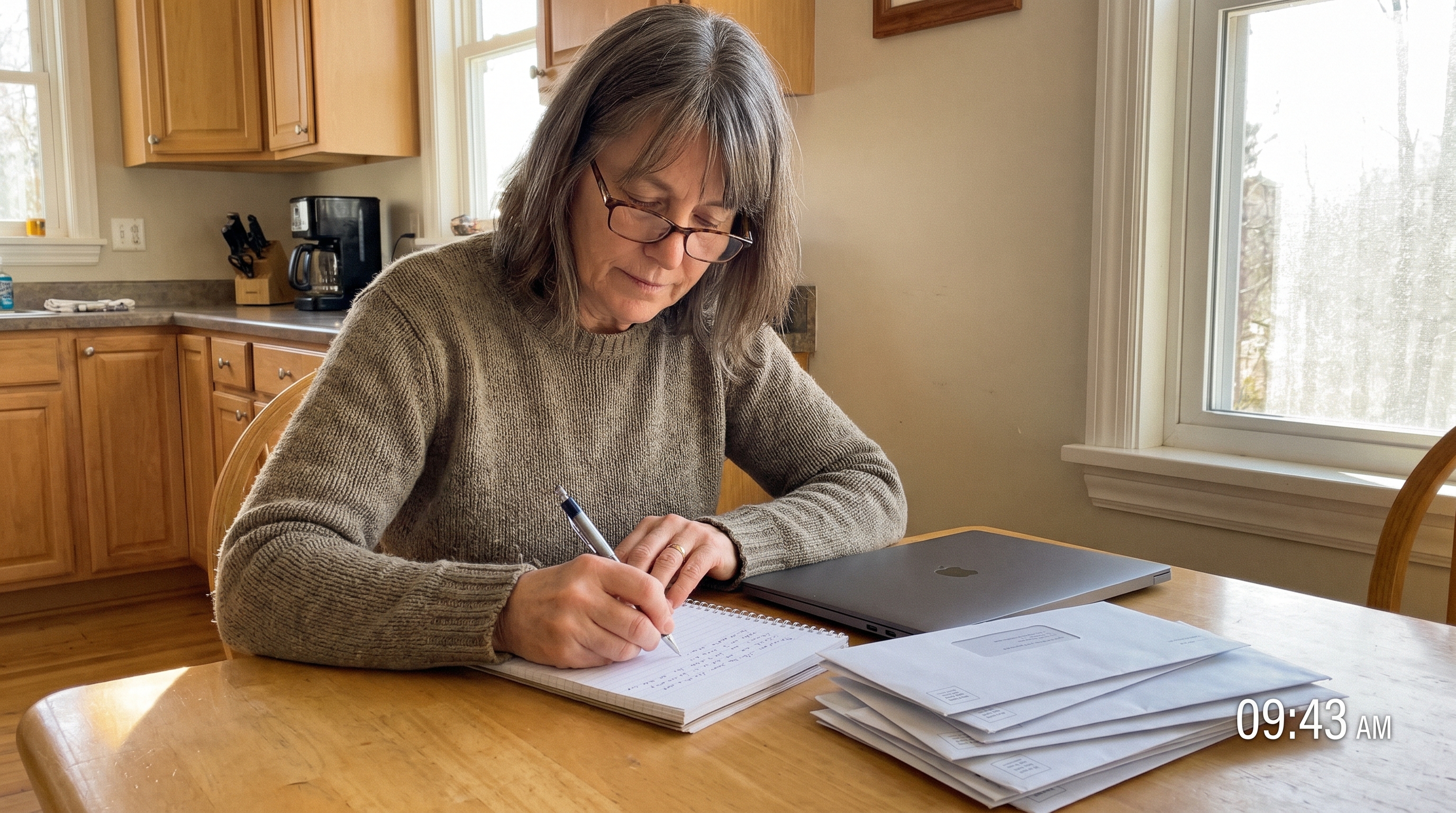 Illustrative household task: a 55 year old woman calmly writing a checklist at her kitchen table with a laptop and generic sealed mail, no readable personal info.