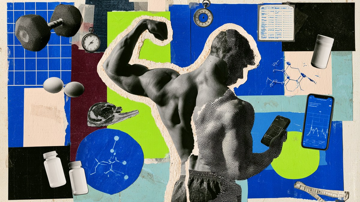A collage of a muscular man flexing among dumbbells, eggs, steak, supplement bottles and phones