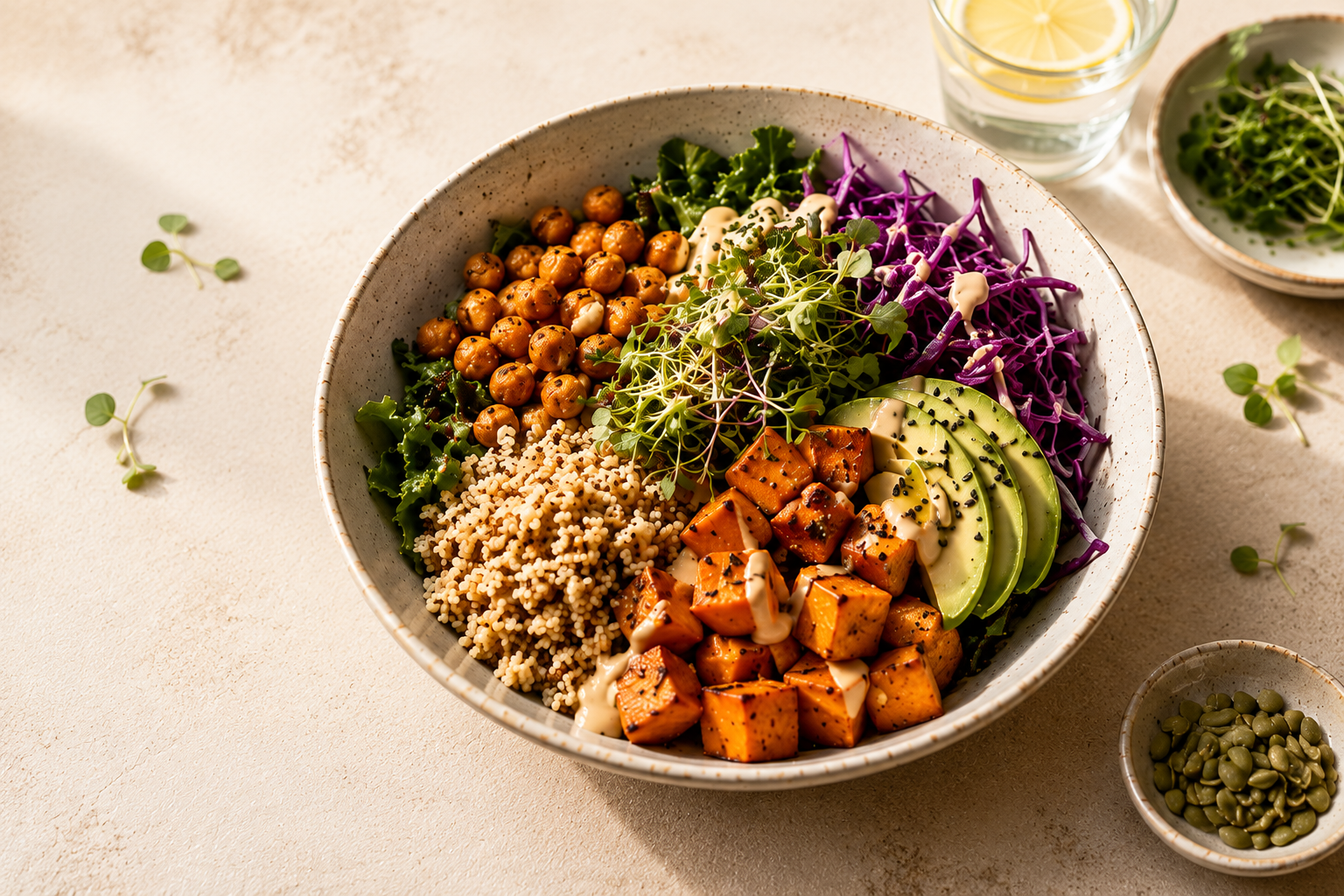 Sesame teriyaki tofu bowl with rice, edamame, cucumber and green beans