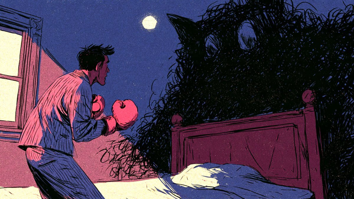 Illustration of a man in pajamas and boxing gloves squaring up to a shadowy monster at his bedroom window