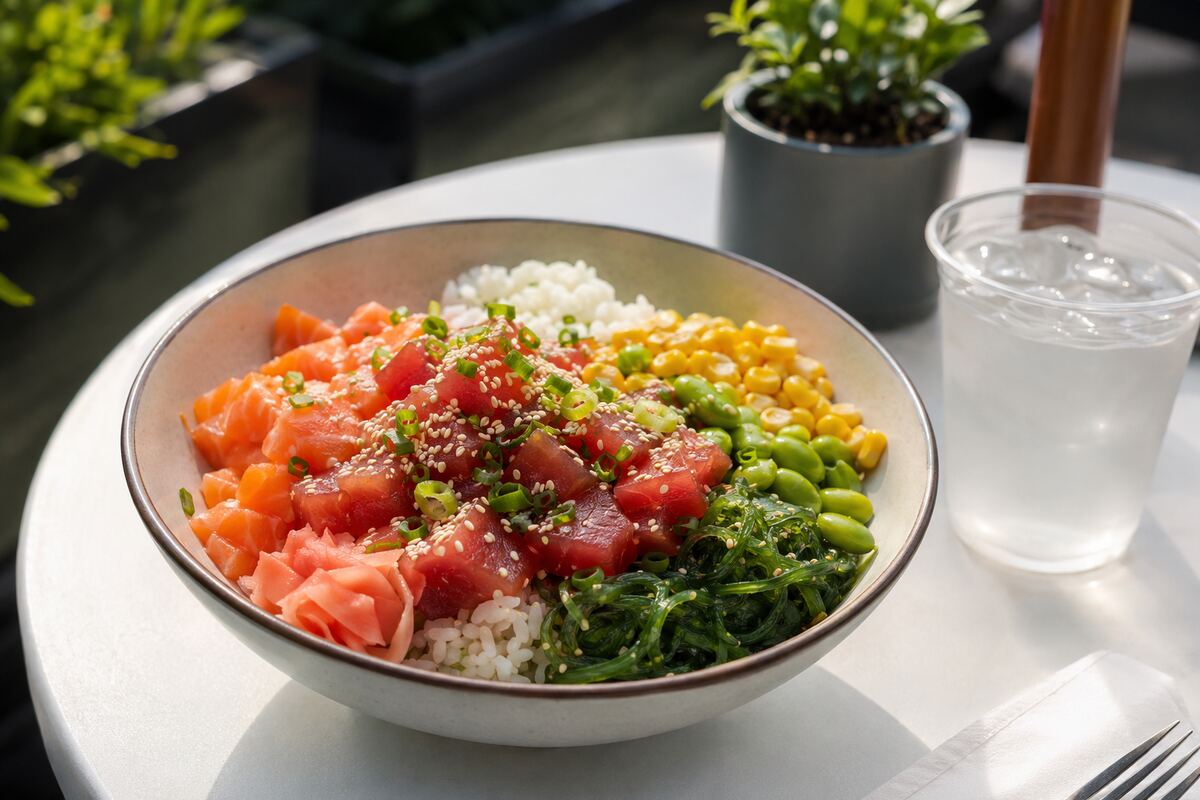 Fresh ahi tuna and salmon poke bowl with rice, edamame, seaweed, corn and pickled ginger