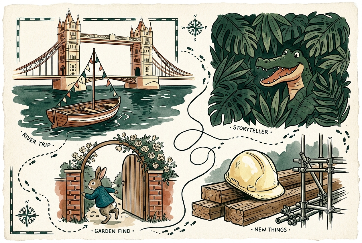 A rowing boat with bunting sails past Tower Bridge, a crocodile peeks through jungle leaves, a rabbit slips through a garden gate, and a hard hat rests on timber and scaffolding