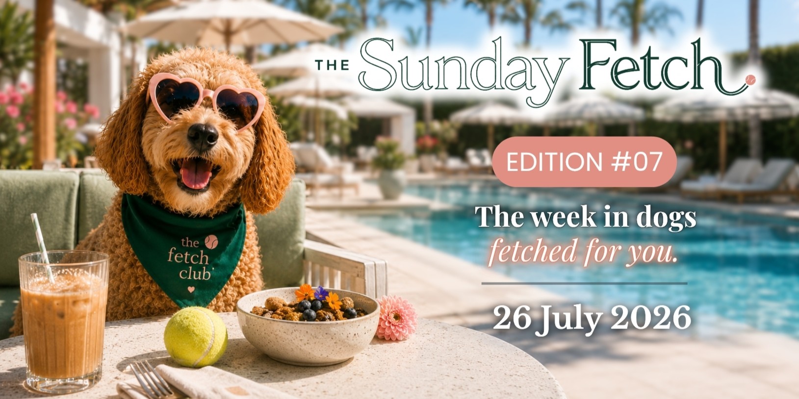 A cheerful dog wearing heart-shaped sunglasses at a sunny resort for The Sunday Fetch