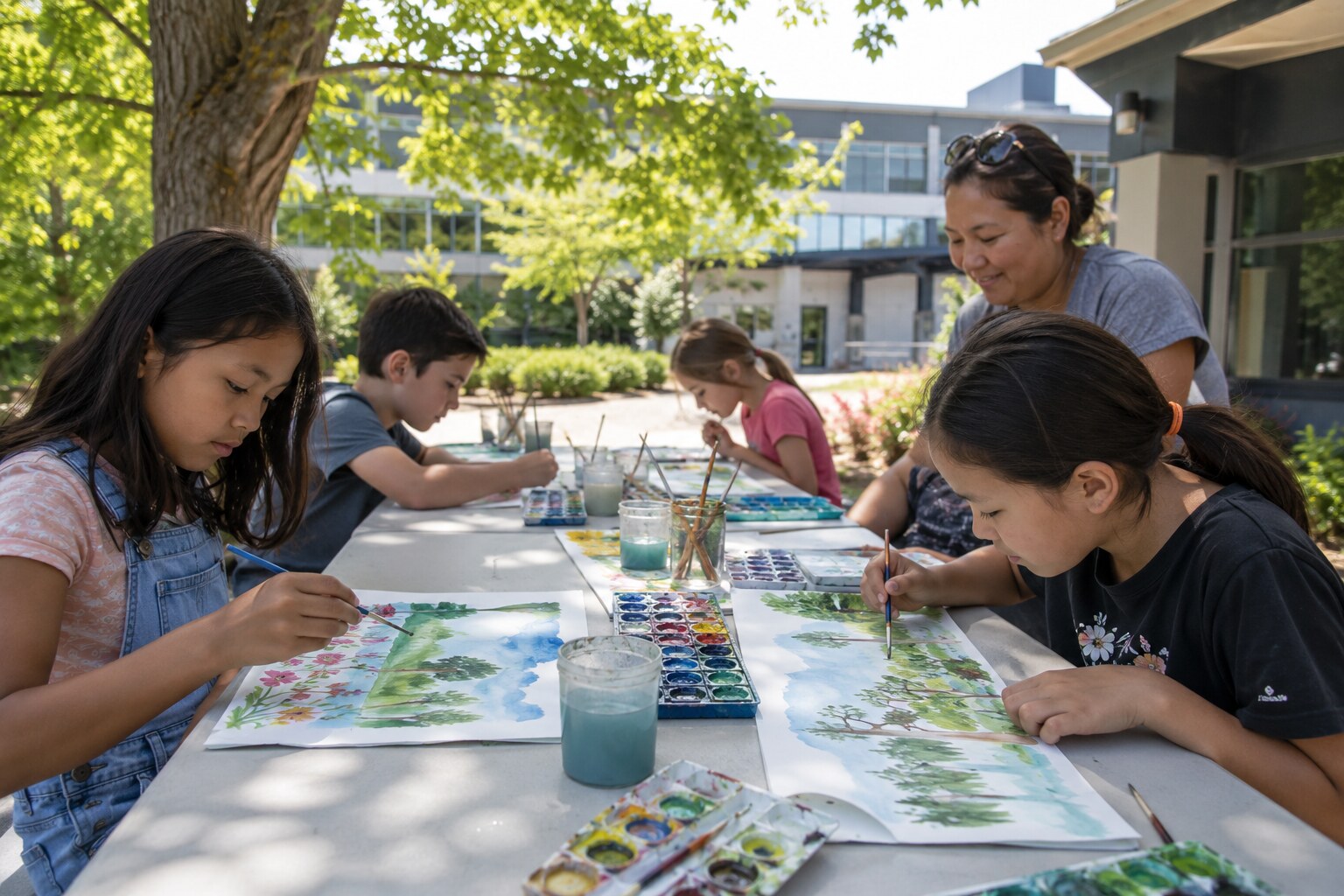 Children painting nature scenes with watercolours at an outdoor community courtyard table