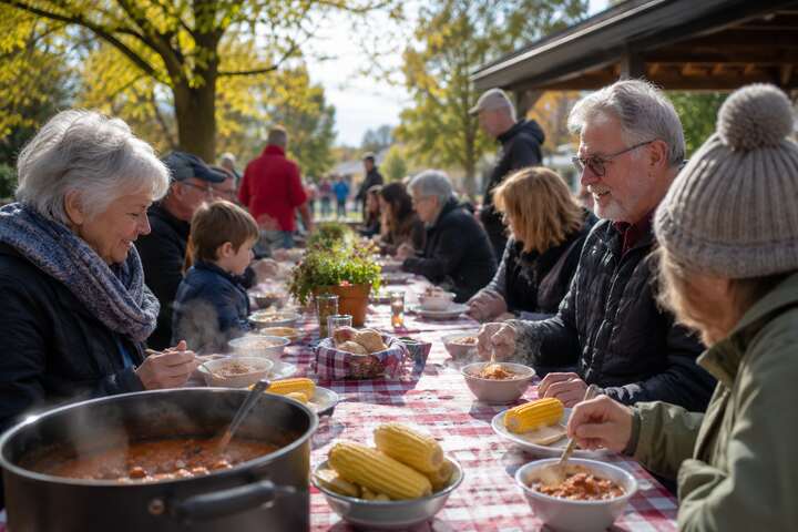 Neighbours sharing homemade chili and local corn at a community gathering in Ladner, Delta BC