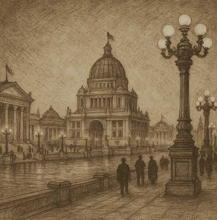 Sepia ink sketch of 1893 Chicago World’s Fair buildings with electric lights, cross-hatched on aged paper