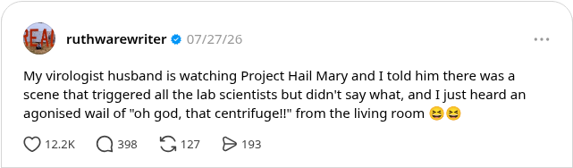 Threads post by ruthwarewriter about her husband's reaction to the centrifuge scene in Project Hail Mary