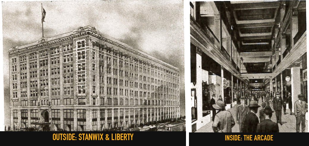The Jenkins Arcade in 1929: a seven-story building at Stanwix Street and Liberty Avenue, and inside, shoppers in hats walking a long hall lined with storefronts