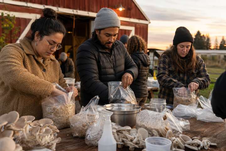 Participants preparing oyster mushroom grow bags at a Delta BC cultivation workshop