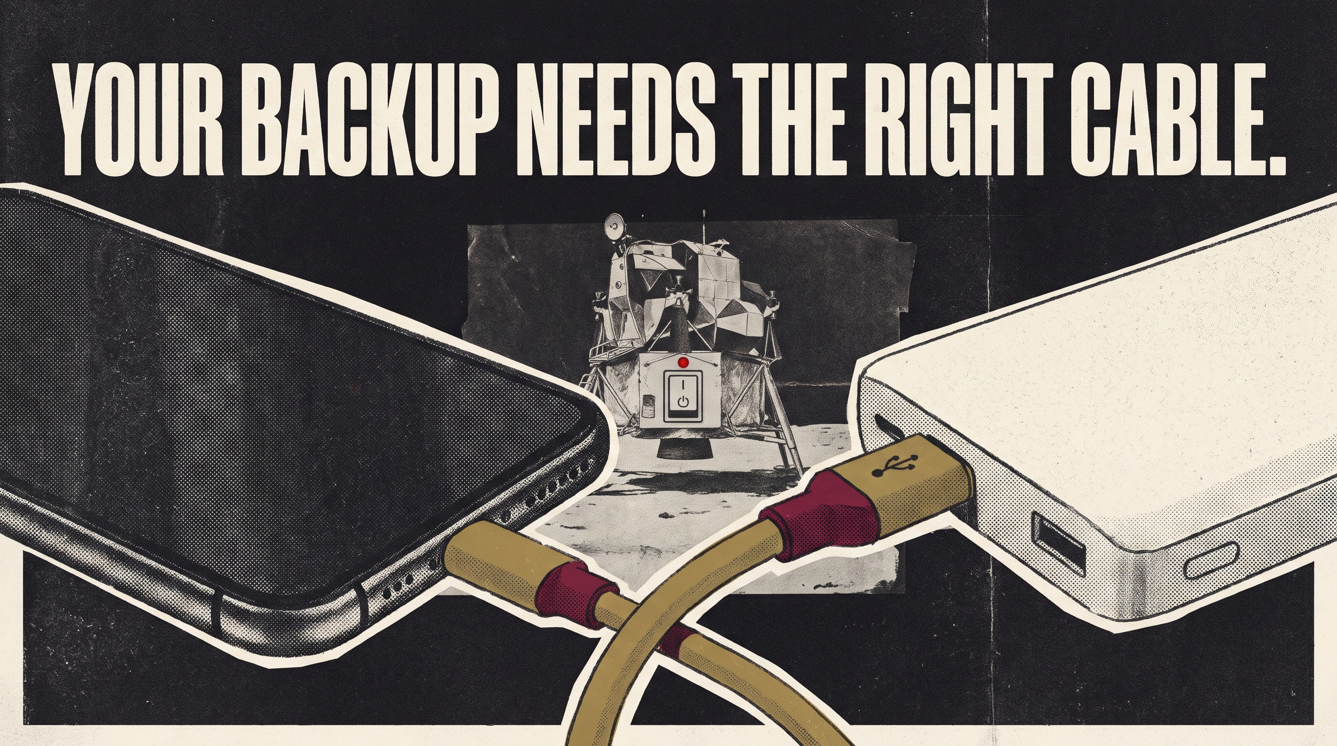 Illustrated poster showing a phone, power bank and charging cable.