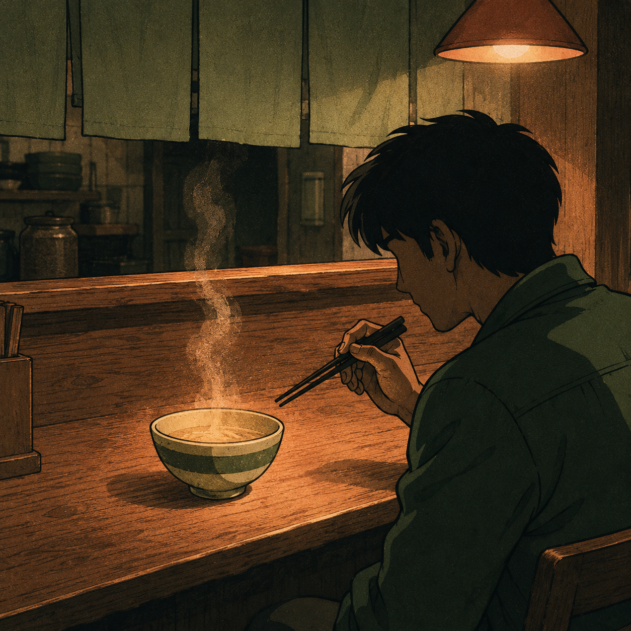 A vintage Showa-era Japanese anime intimate still-life of a small kissaten counter at evening. A single small ceramic bowl in cream and matcha green has just been placed, with a thin wisp of steam rising vertically. A seated diner in profile silhouette in a deep matcha-green work-jacket sits compressed forward into the counter, dark lacquered chopsticks lifted an inch above the bowl rim. A single warm pendant lamp casts a soft-blush pool across the bowl, the chopsticks, the diner's jaw, and the counter wood. The diner's posture echoes the kneeling-person shape of the kanji radical 卩, and the single bowl is the left-component 皀 — together, the etymology of 即 (immediate) made visible: the half-beat between the bowl landing and the chopsticks moving.
