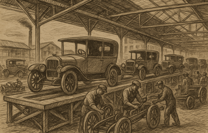 Sepia sketch of early automobile factory line and cars in 1908