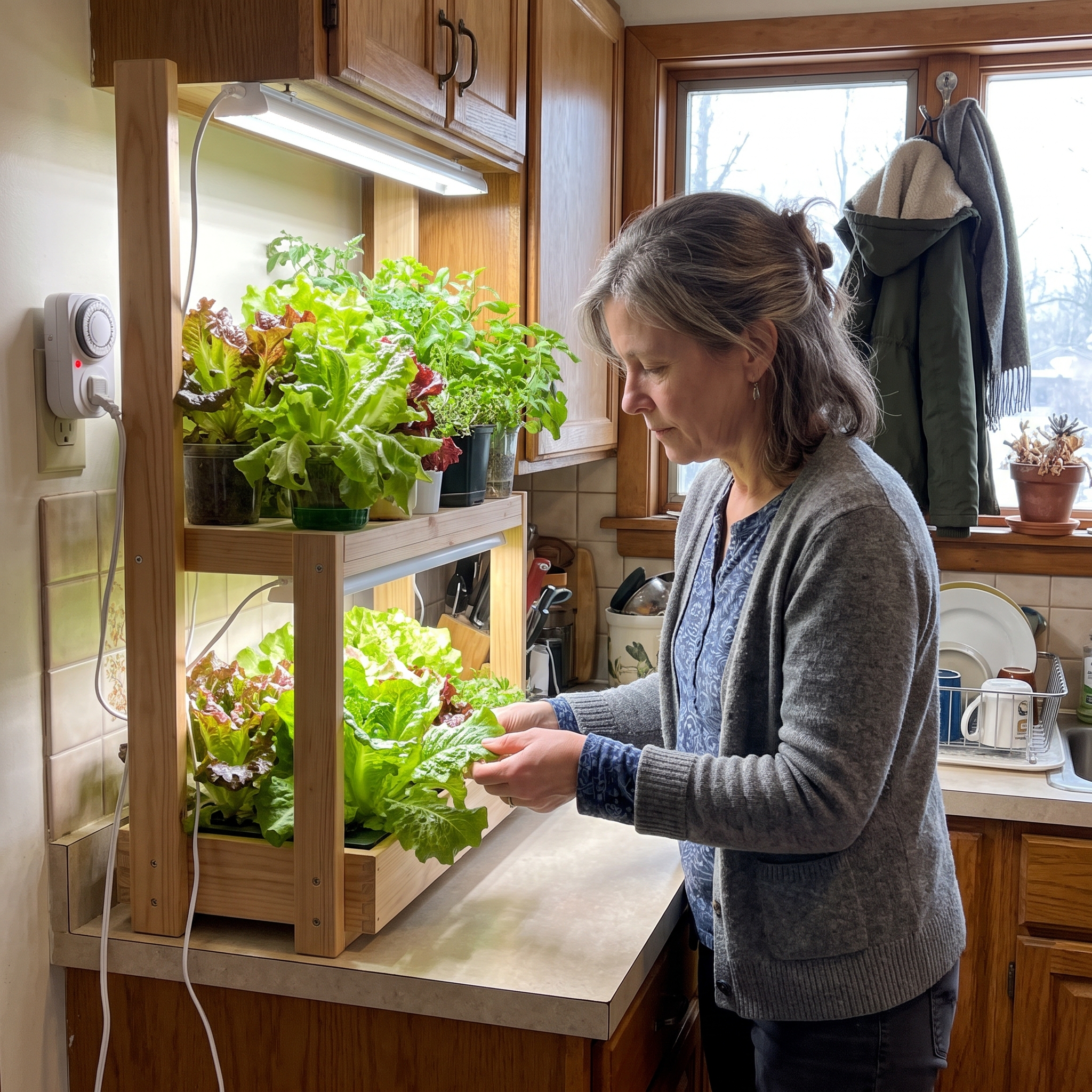 Illustrative small indoor food shelf with healthy lettuce and a simple plant light