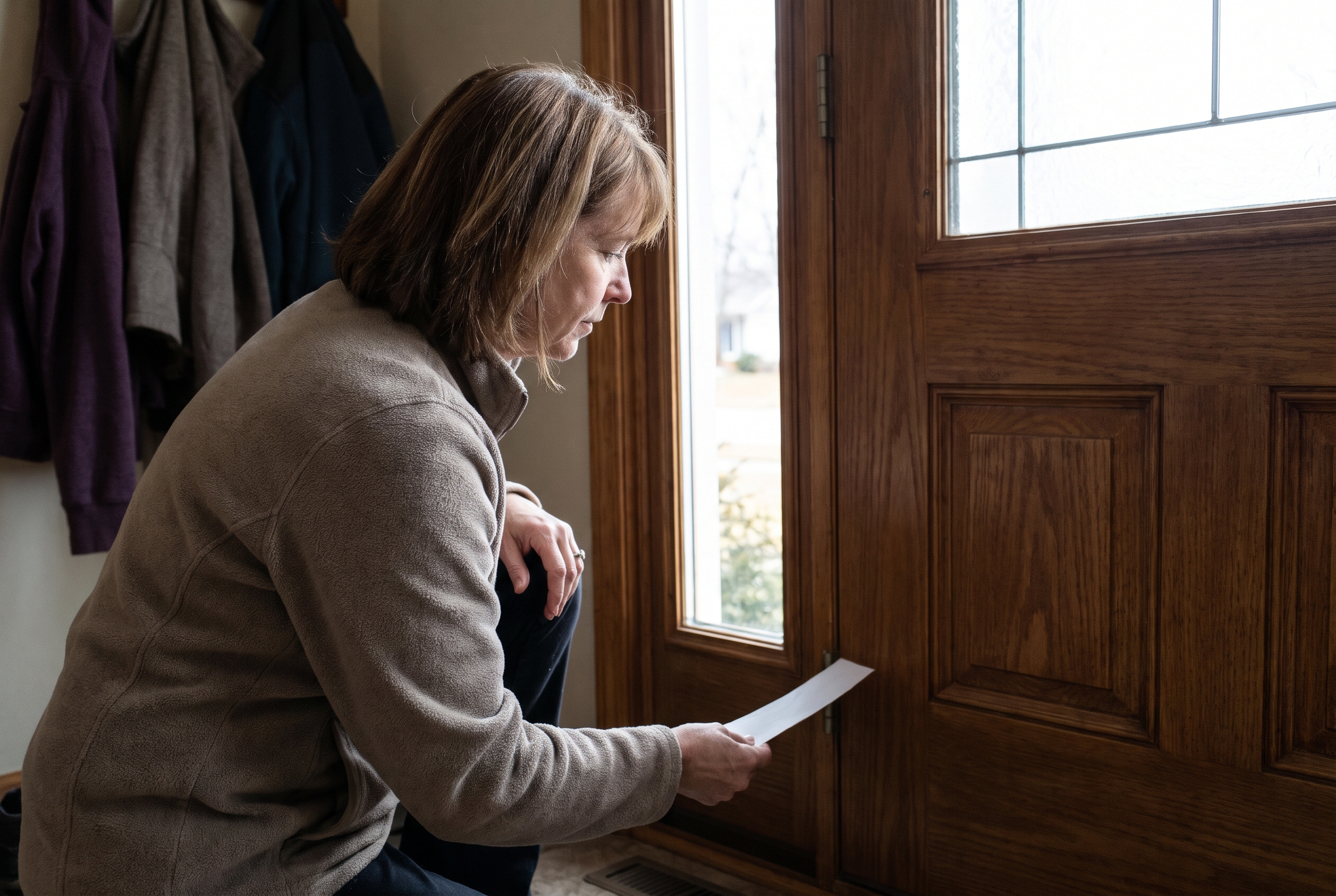 Illustrative household action: Candid phone photo of a woman about 55 indoors holding a thin strip of plain paper near the lower side seam of a closed exterior front door to feel a draft, daylight outside, ordinary hallway, no tools or flames.