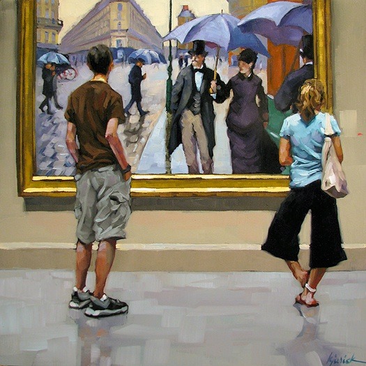 Two museum visitors in shorts and sandals standing before a large gilt-framed painting of a rainy Paris street