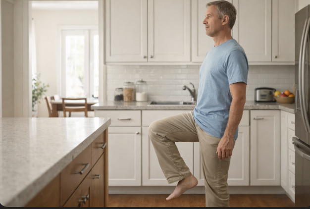 A man calmly balancing on one leg near a chair