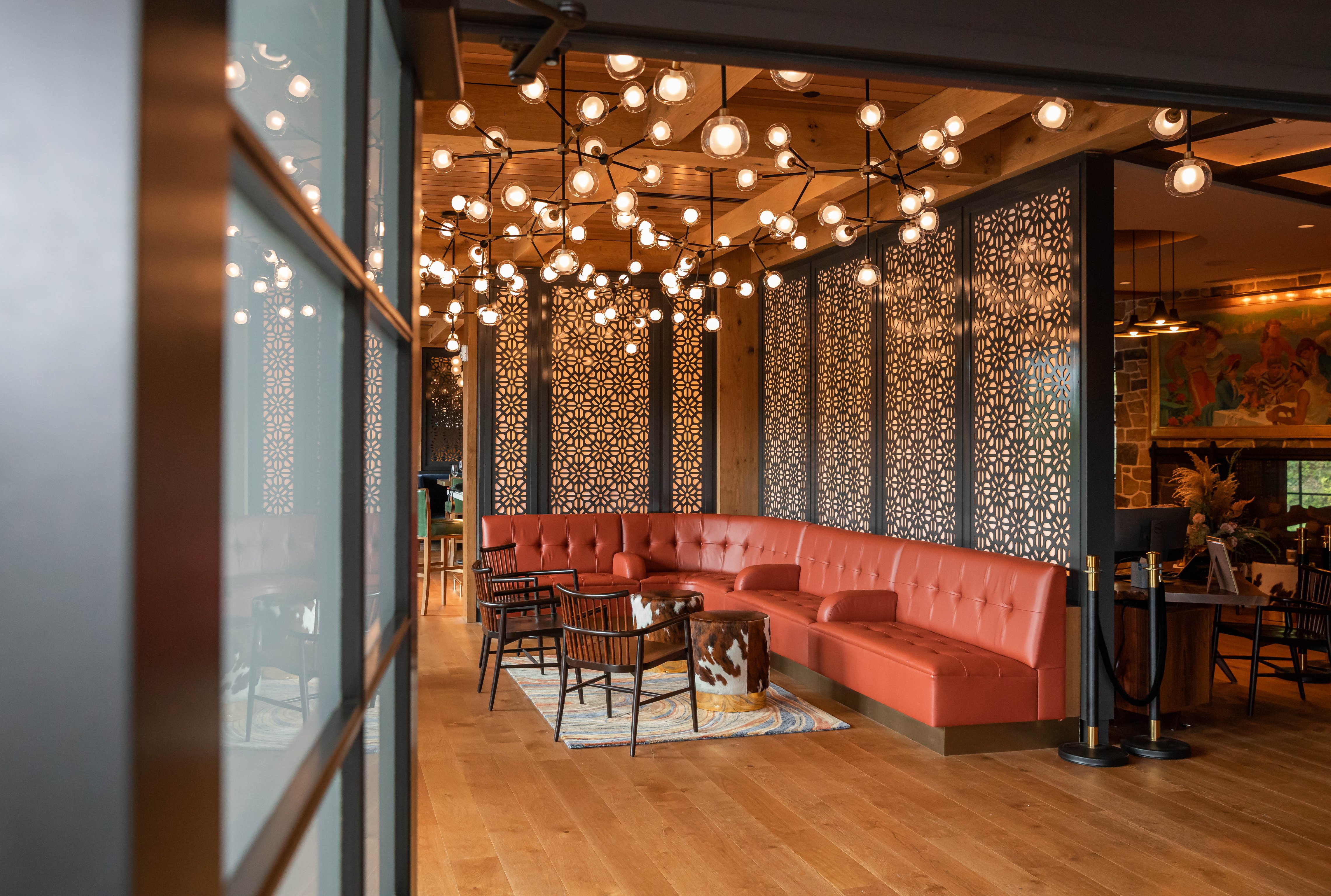 Patterned lounge and lighting at The River House at Odette’s