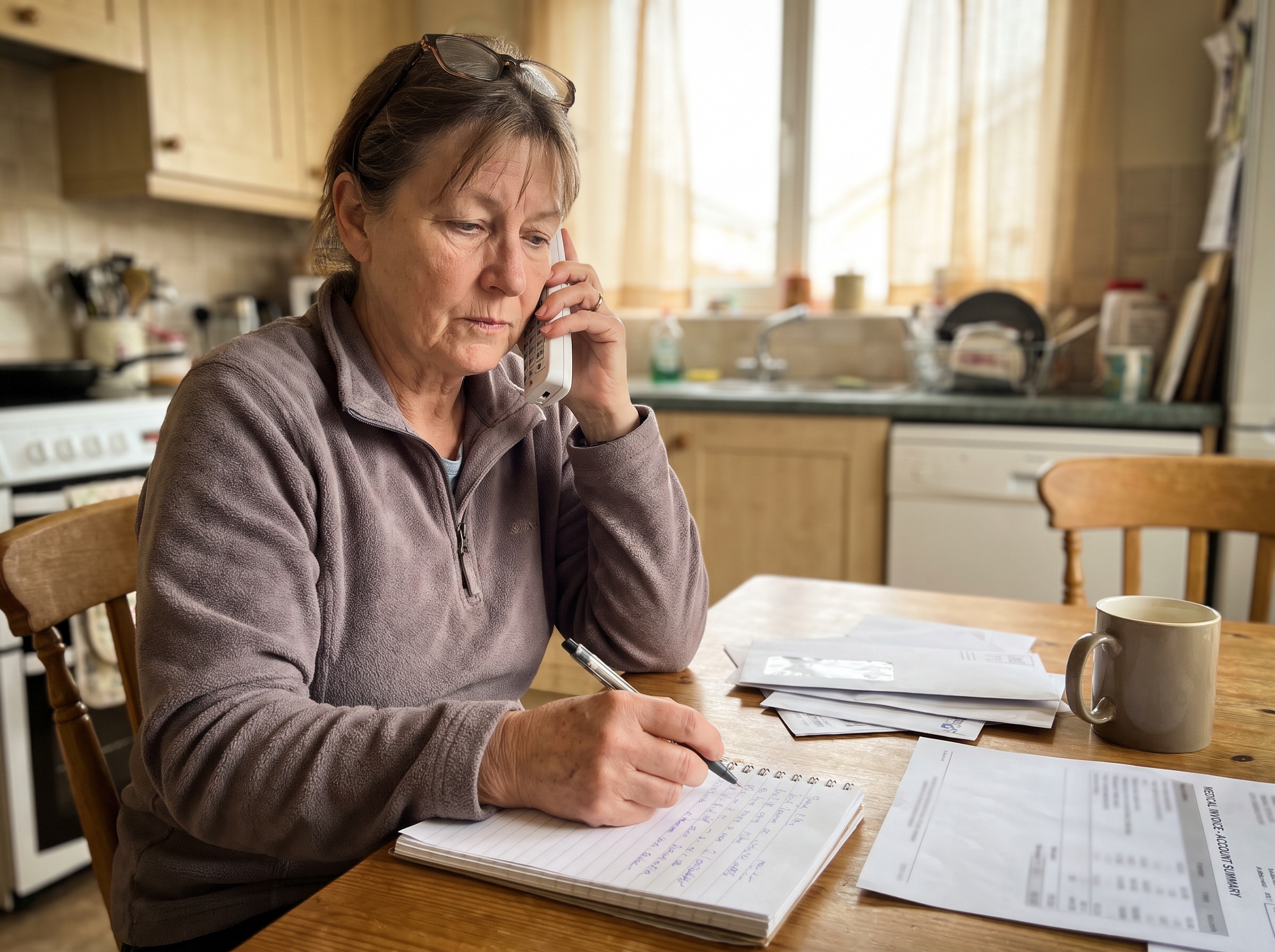 Illustrative household action: Woman about 60 at kitchen table making a phone call and writing questions beside unbranded medical bill, no legible personal data or bank cards, thoughtful capable expression.