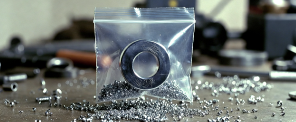 Magnet inside a plastic bag hovering over metal shavings
