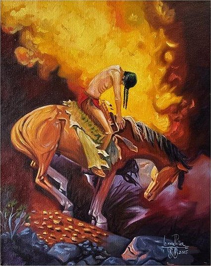 A woman with long black hair riding a horse through flames and smoke, holding a sword, in a fiery, dramatic scene